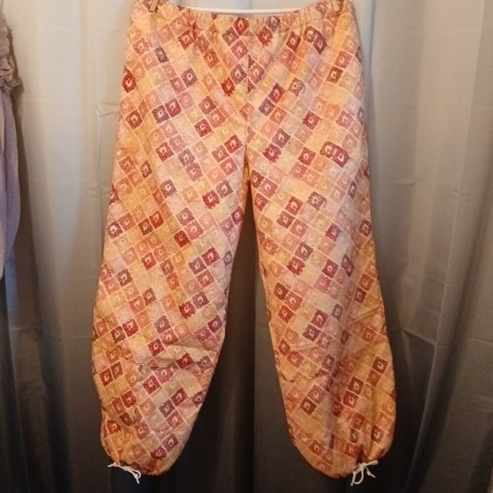 New Cropped Pants womens XL Peach Pink geometric print Elastic waist Side pocket